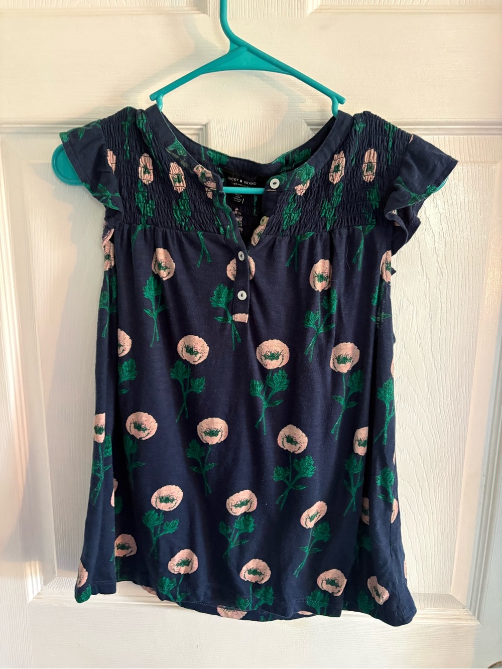 Cottage core night garden blue cotton floral knit S top boho shirt  lucky brand